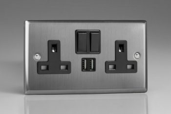 Varilight Classic Brushed Steel 2-Gang 13A Single Pole Switched Socket + 2x5V DC 2100mA USB Charging Ports