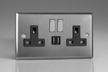Varilight Classic Brushed Steel 2 Gang 13 Amp Single Pole Switched Socket with Metal Rockers + 2 x 5V DC 2100mA USB Charging Ports