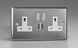 Varilight Classic Brushed Steel 2 Gang 13 Amp Single Pole Switched Socket with Metal Rockers + 2 x 5V DC 2100mA USB Charging Ports