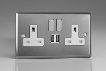 Varilight Classic Brushed Steel 2 Gang 13 Amp Single Pole Switched Socket with Metal Rockers + 2 x 5V DC 2100mA USB Charging Ports