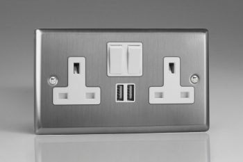 Varilight Classic Brushed Steel 2-Gang 13A Single Pole Switched Socket + 2x5V DC 2100mA USB Charging Ports