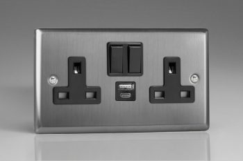 Varilight Classic Brushed Steel 2-Gang 13A Single Pole Switched Socket with 1x USB A & 1x USB C Charging Ports