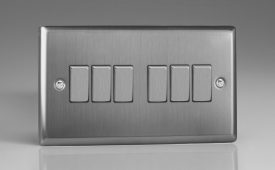Varilight Classic Brushed Steel 6-Gang 10A 1- or 2-Way Rocker Switch (Twin Plate) with Metal Rockers
