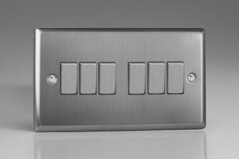 Varilight Classic Brushed Steel 6-Gang 10A 1- or 2-Way Rocker Switch (Twin Plate) with Metal Rockers