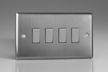 Varilight Classic Brushed Steel 4-Gang 10A 1- or 2-Way Rocker Switch (Twin Plate) with Metal Rockers