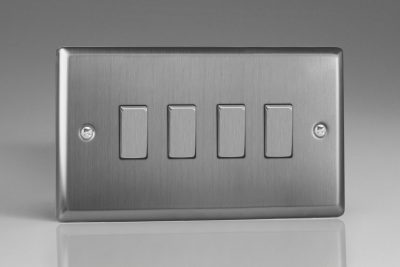Varilight Classic Brushed Steel 4-Gang 10A 1- or 2-Way Rocker Switch (Twin Plate) with Metal Rockers
