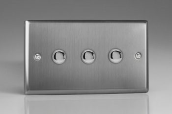 Varilight Classic Brushed Steel 3-Gang 6A 1- or 2-Way Push-On/Off Impulse Switch (Twin Plate)