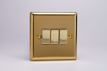 Varilight Classic Victorian Brass 3-Gang 10A 1- or 2-Way Rocker Switch with Metal Rockers