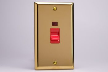 Varilight Classic Victorian Brass 45A Cooker Switch + Neon (Vertical Twin Plate, Red Rocker)