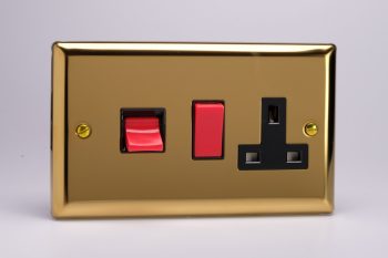 Varilight Classic Victorian Brass 45A Cooker Panel with 13A Double Pole Switched Socket Outlet (Red Rocker)