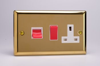 Varilight Classic Victorian Brass 45A Cooker Panel with 13A Double Pole Switched Socket Outlet (Red Rocker)