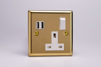 Varilight Classic Victorian Brass 1-Gang 13A Switched Socket with 2 x 17W Shared USB A Charging Ports