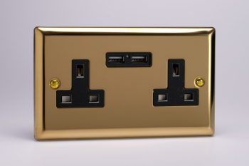 Varilight Classic Victorian Brass 2-Gang 13A Unswitched Socket + 2 5V DC 2100mA USB Charging Ports