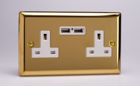 Varilight Classic Victorian Brass 2-Gang 13A Unswitched Socket + 2 5V DC 2100mA USB Charging Ports