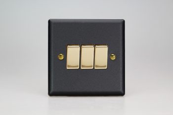 Varilight Vogue Matt Black 3-Gang 10A 1- or 2-Way Rocker Switch with Metal Rockers
