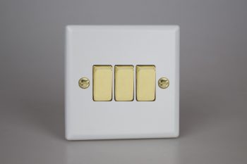 Varilight Vogue Matt White 3-Gang 10A 1- or 2-Way Rocker Switch with Metal Rockers