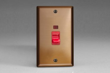 Varilight Urban Brushed Bronze 45A Cooker Switch + Neon (Vertical Twin Plate, Red Rocker)