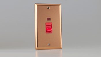 Varilight Urban Polished Copper 45A Cooker Switch + Neon (Vertical Twin Plate, Red Rocker)