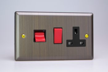 Varilight Urban Antique Brass 45A Cooker Panel with 13A Double Pole Switched Socket Outlet (Red Rocker)