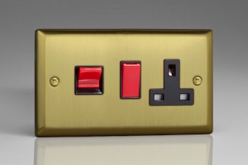 Varilight Urban Brushed Brass 45A Cooker Panel with 13A Double Pole Switched Socket Outlet (Red Rocker)