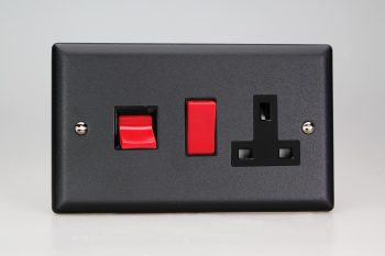 Varilight Urban Matt Black 45A Cooker Panel with 13A Double Pole Switched Socket Outlet (Red Rocker)