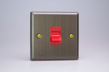 Varilight Urban Antique Brass 45A Cooker Switch (Single Plate, Red Rocker)