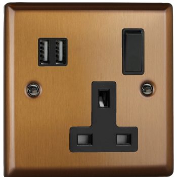 Varilight Urban Brushed Bronze 1-Gang 13A Switched Socket with 2 x 17W Shared USB A Charging Ports