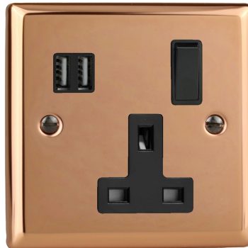 Varilight Urban Polished Copper 1-Gang 13A Switched Socket with 2 x 17W Shared USB A Charging Ports