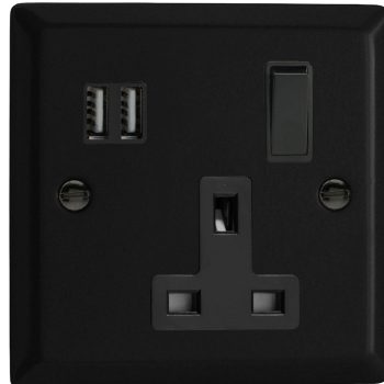 Varilight Urban Matt Black 1-Gang 13A Switched Socket with 2 x 17W Shared USB A Charging Ports