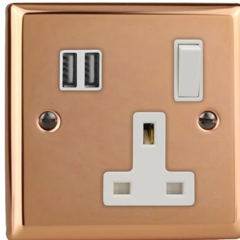 Varilight Urban Polished Copper 1-Gang 13A Switched Socket with 2 x 17W Shared USB A Charging Ports