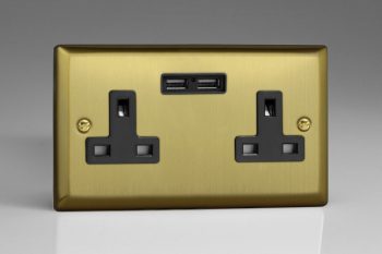 Varilight Urban Brushed Brass 2-Gang 13A Unswitched Socket + 2x5V DC 2100mA USB Charging Ports