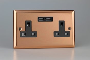 Varilight Urban Polished Copper 2-Gang 13A Unswitched Socket + 2x5V DC 2100mA USB Charging Ports
