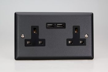 Varilight Urban Matt Black 2-Gang 13A Unswitched Socket + 2x5V DC 2100mA USB Charging Ports