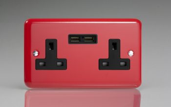 Varilight Lily Pillar Box Red 2-Gang 13A Unswitched Socket + 2x5V DC 2100mA USB Charging Ports