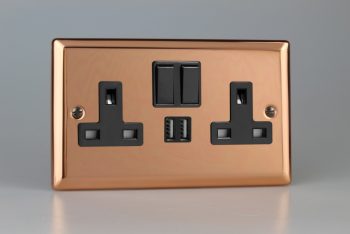 Varilight Urban Polished Copper 2-Gang 13A Single Pole Switched Socket + 2x5V DC 2100mA USB Charging Ports