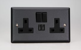 Varilight Urban Matt Black 2-Gang 13A Single Pole Switched Socket + 2x5V DC 2100mA USB Charging Ports