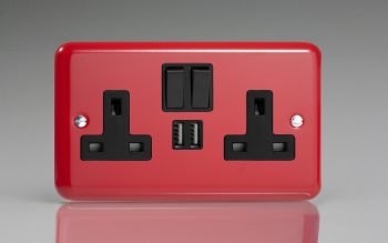 Varilight Lily Pillar Box Red 2-Gang 13A Single Pole Switched Socket + 2x5V DC 2100mA USB Charging Ports