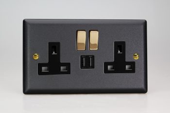 Varilight Vogue Matt Black 2-Gang 13A Single Pole Switched Socket with Metal Rockers + 2x5V DC 2100mA USB Charging Ports