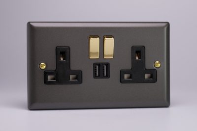 Varilight Vogue Slate Grey 2-Gang 13A Single Pole Switched Socket with Metal Rockers + 2x5V DC 2100mA USB Charging Ports
