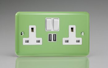 Varilight Lily Beryl Green 2 Gang 13 Amp Single Pole Switched Socket + 2x 5v DC 2100mA USB Charging Ports