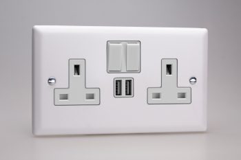 Varilight Classic Chalk White 2-Gang 13A Single Pole Switched Socket + 2x5V DC 2100mA USB Charging Ports