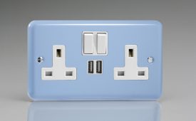 Varilight Lily Duck Egg Blue 2-Gang 13A Single Pole Switched Socket + 2x5V DC 2100mA USB Charging Ports
