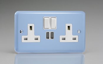 Varilight Lily Duck Egg Blue 2-Gang 13A Single Pole Switched Socket + 2x5V DC 2100mA USB Charging Ports
