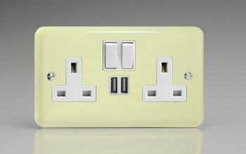 Varilight Lily White Chocolate 2-Gang 13A Single Pole Switched Socket + 2x5V DC 2100mA USB Charging Ports