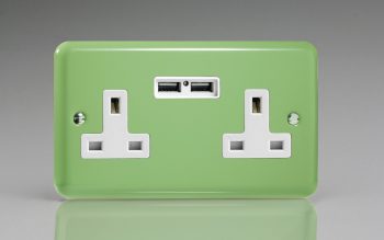 Varilight Lily Beryl Green 2 Gang 13 Amp Unswitched Socket + 2x 5v DC 2100mA USB Charging Ports