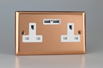 Varilight Urban Polished Copper 2-Gang 13A Unswitched Socket + 2x5V DC 2100mA USB Charging Ports