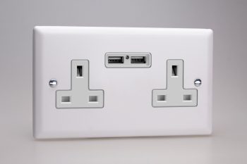 Varilight Classic Chalk White 2-Gang 13A Unswitched Socket + 2x5V DC 2100mA USB Charging Ports