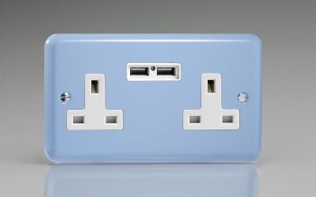Varilight Lily Duck Egg Blue 2-Gang 13A Unswitched Socket + 2x5V DC 2100mA USB Charging Ports