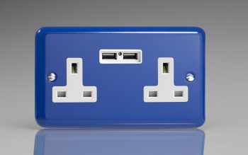 Varilight Lily Reflex Blue 2-Gang 13A Unswitched Socket + 2x5V DC 2100mA USB Charging Ports