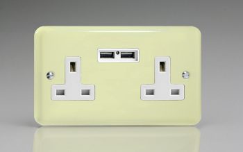 Varilight Lily White Chocolate 2-Gang 13A Unswitched Socket + 2x5V DC 2100mA USB Charging Ports